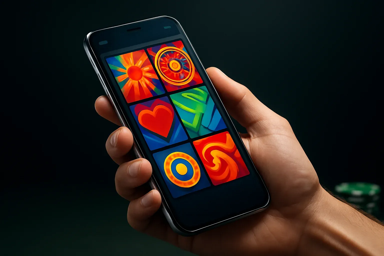 Flagship Android smartphone displaying vivid casino app interface in dramatic lighting