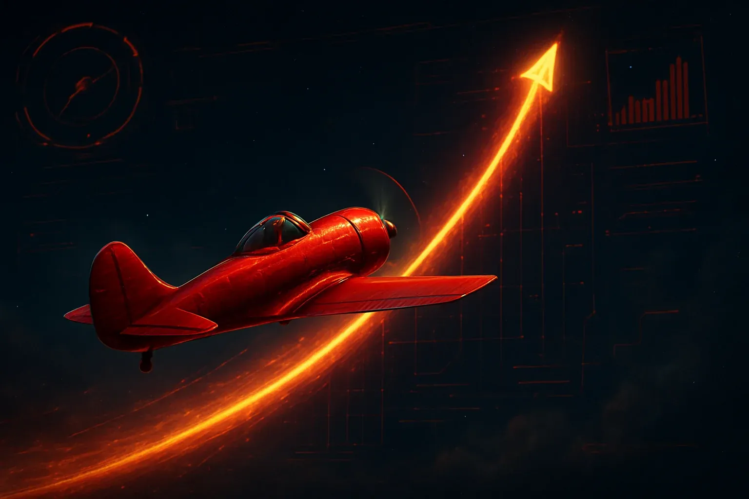 Red aviator plane soaring upward with glowing multiplier trail at night