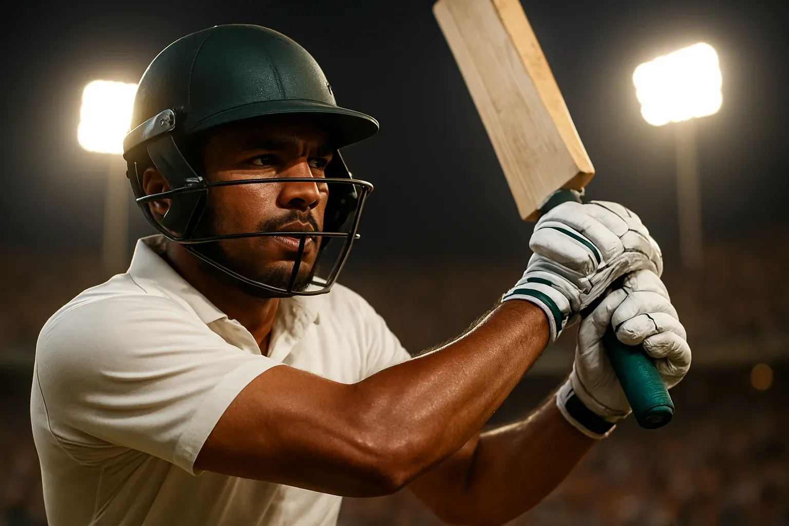 Bangladeshi cricket batsman in white kit mid-swing under stadium floodlights