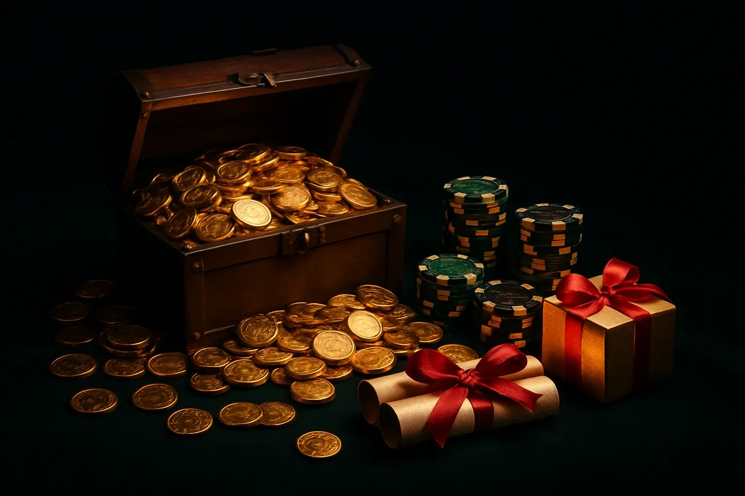 Overflowing treasure chest with casino chips, bonus vouchers, and glowing gift boxes