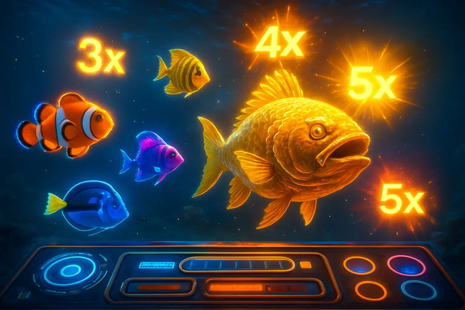Glowing tropical fish and golden boss fish in underwater arcade scene