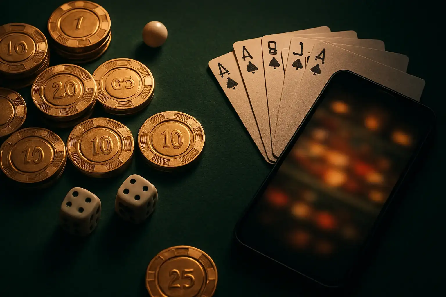 Top-down casino table with gold chips, cards, dice, roulette ball, smartphone