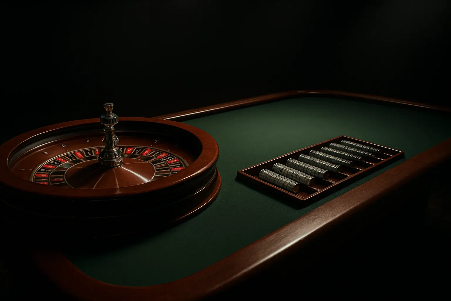 Hyperrealistic live casino studio with empty roulette table and dramatic lighting
