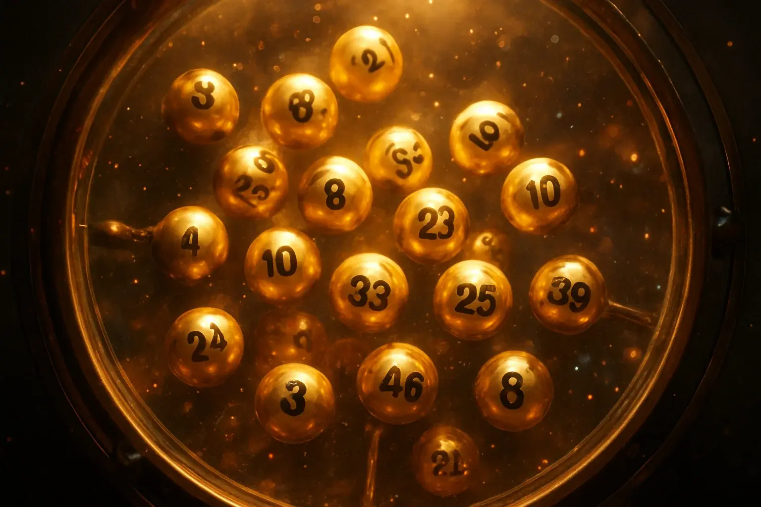 Glowing golden lottery balls tumbling inside transparent draw machine