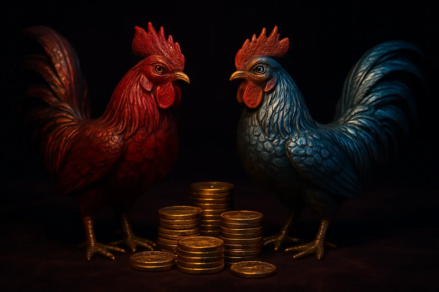 Decorative fighting-rooster figurines with casino chips on dark velvet surface