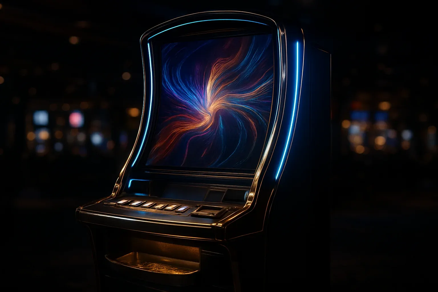 Premium slot machine glowing in dark luxury casino floor