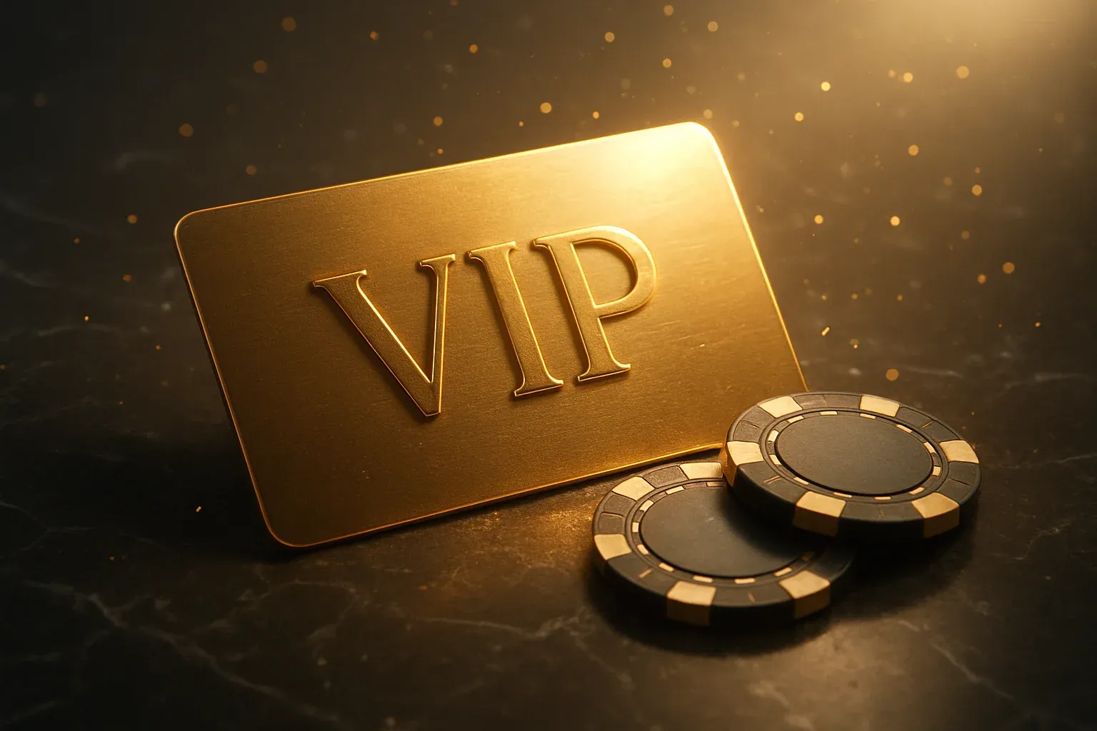 Glowing golden VIP card on dark marble with casino chips